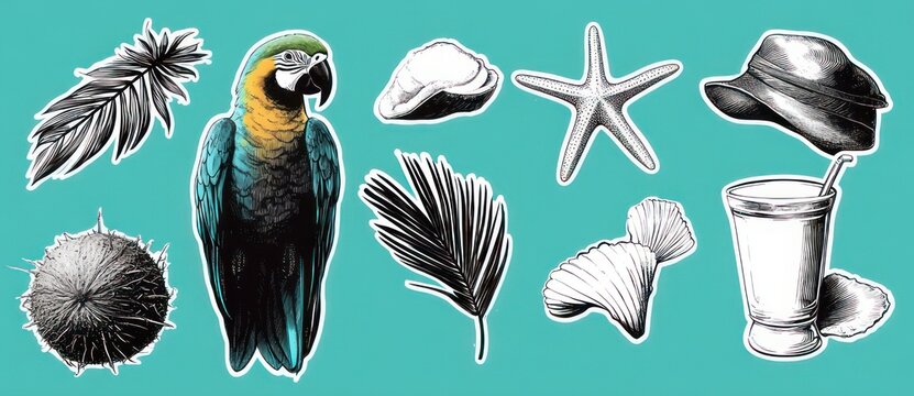 playful tropical sticker set with a colorful parrot, feathers, palm and fan leaves, seashells, starfish, sea urchin, bucket hat and a chilled drink evoking beachy summer relaxation