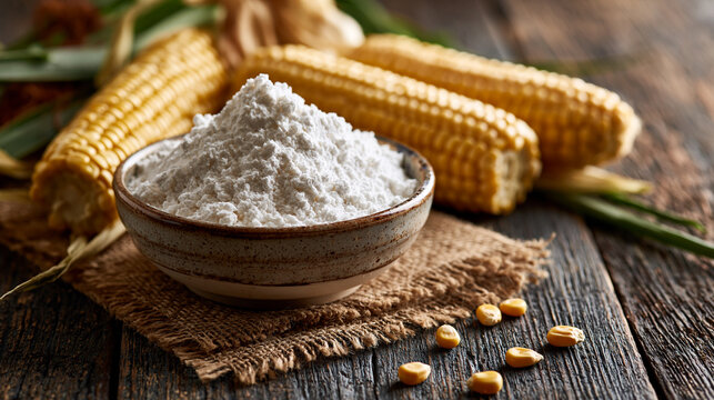 White Cornstarch Powder With Corn Ears on Rustic Table