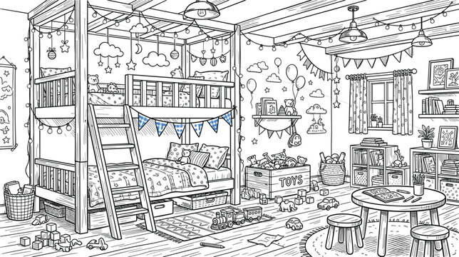 Cozy kids bedroom interior line art vector illustration featuring wooden bunk bed toys table and decorative garlands