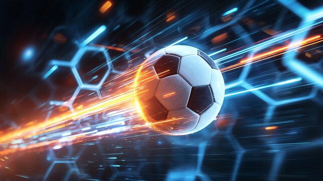 Dynamic soccer ball in motion with energy effects.
