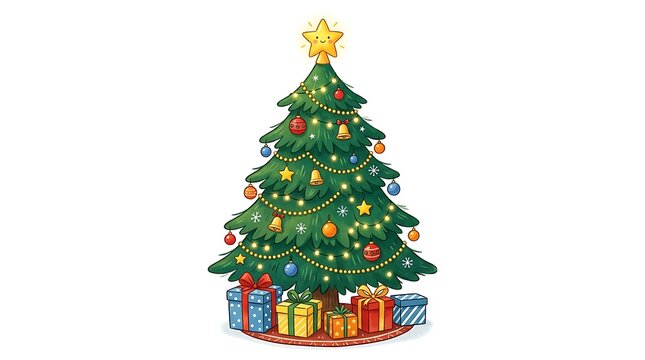 Cartoon Christmas tree with presents and ornaments on white background