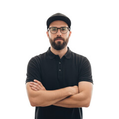 Naklejka premium Serious bearded man wearing glasses and a black polo shirt isolated on transparent background