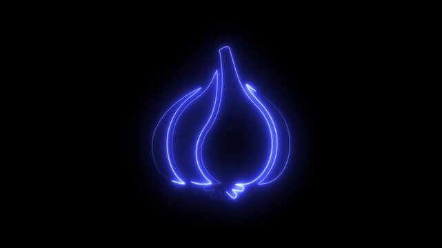 Glowing neon garlic bulb animation, pulsing blue light outline on black background