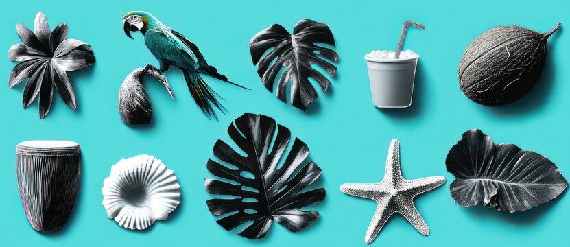 playful tropical flat lay with parrot perched on coconut, large monstera leaves, starfish, shells, wooden cup and cold drink on bright turquoise background