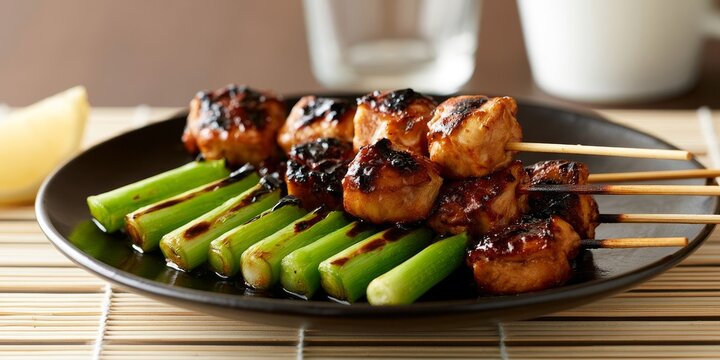 Delicious Japanese Yakitori Chicken and Green Onion Skewers on a Bamboo Mat