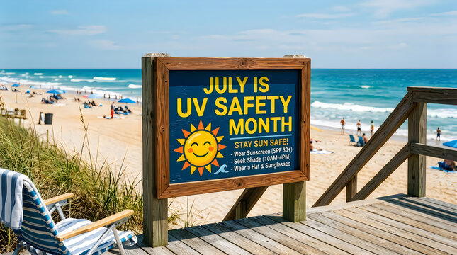 July uv safety month beach sign with sun illustration and safety tips