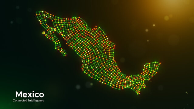 Stylized Mexico map built from illuminated dotted mesh with green, yellow, and orange lights, featuring the Connected Intelligence title on a cinematic bokeh background for modern technology themes.