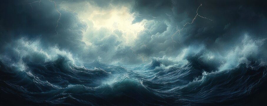 towering dark ocean waves under heavy thunderclouds with lightning strikes, dramatic ominous storm conveying raw power and isolation