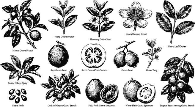 Botanical illustrations of various guava fruit branches and leaves in an engraving vintage style for natural science studies