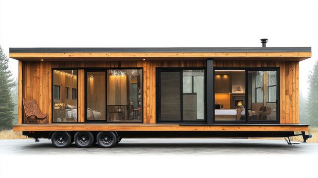 Modern mobile tiny house on triple-axle trailer with warm cedar siding and large glass sliding doors revealing cozy lit living room, dining area, kitchen and bedroom, inviting and serene
