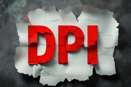 bold red letters dpi on torn white paper patch against dark cracked textured wall, dramatic high-contrast grunge graphic