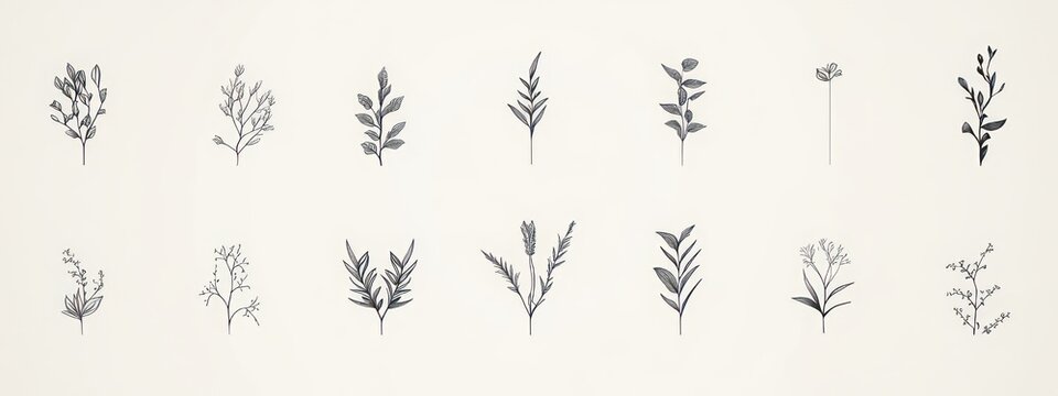 delicate monochrome botanical sprigs and small leaf and branch illustrations arranged in two rows on a pale background, calm minimalist mood