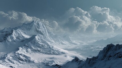 Naklejka premium Vast snow-covered mountain range under a cloudy winter sky
