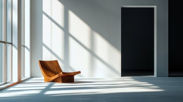 Sunlit minimalist room with a single sculpted wooden lounge chair, floor-to-ceiling windows casting geometric shadows and a dark open doorway, serene contemplative mood