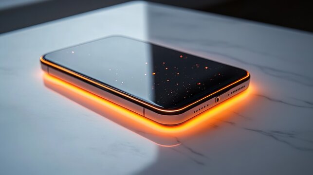 sleek smartphone resting on marble tabletop with warm orange underglow, reflective dark screen dotted with tiny light specks, futuristic and mysterious mood