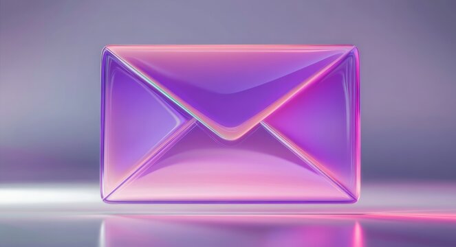 translucent glossy purple-pink glass envelope icon on reflective surface with soft glow and futuristic serene atmosphere