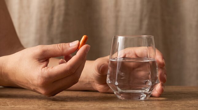 A person's hands holding an orange capsule and a glass of water, ready to take medication.