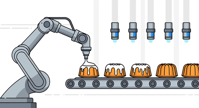 Automated robotic arm decorating cakes with icing on a factory conveyor belt vector illustration.