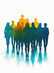 Obraz premium Group of colorful silhouetted people walking forward with reflective floor and clean white background, conveying unity, determination, and confident purpose