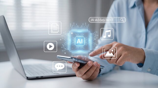 AI assistant on mobile device managing content generation for text, video, music, and image with smart automation, providing convenient access to multimedia tools in digital environment
