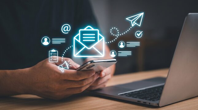 Digital marketer using email marketing tools on laptop and smartphone, sending newsletters and analyzing campaign performance to engage subscribers and grow business through personalized content