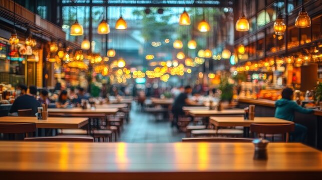 Warm, bustling indoor food hall with wooden communal tables, glowing hanging lights, blurred diners and a cozy, inviting atmosphere