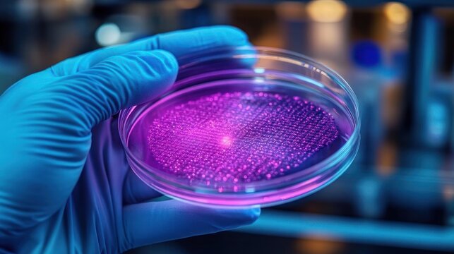 Gloved hand holding petri dish with glowing purple microarray droplets in laboratory, evoking curiosity and scientific wonder