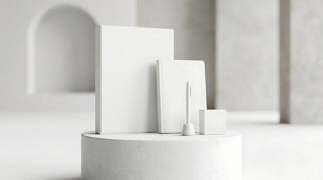 Blank white stationery mockup set with documents holder pen and notepad on podium for professional branding presentation