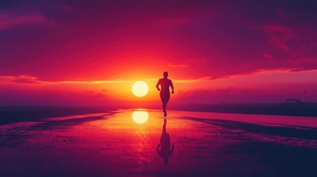 solitary runner silhouette reflected on wet pavement at vibrant sunset with dramatic purple and orange sky, evoking determination and calm