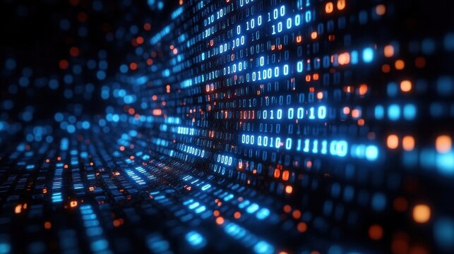 Curved tunnel of glowing binary digits and blue and orange lights forming a dynamic futuristic data stream and immersive digital energy
