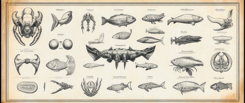 vintage scientific plate of assorted fish, crustaceans, shells and anatomical views, detailed pen-and-ink drawings on aged paper conveying curiosity and scholarly study
