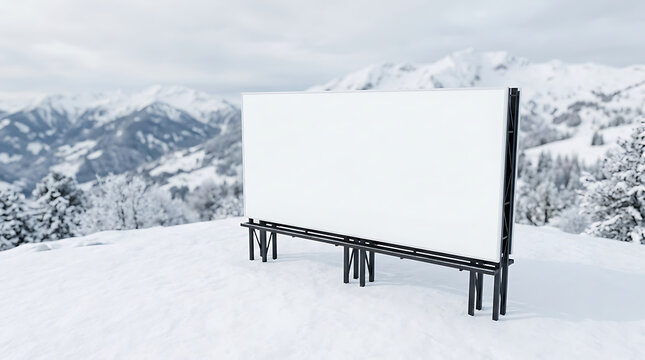Blank outdoor advertising billboard mockup on a snowy mountain landscape for winter tourism promotion and travel marketing