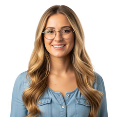 Obraz premium Smiling young woman with long blonde hair and glasses isolated on transparent background