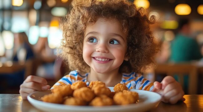 curly-haired child eagerly reaching for a plate of golden fried bites in a warm casual restaurant, excited anticipation