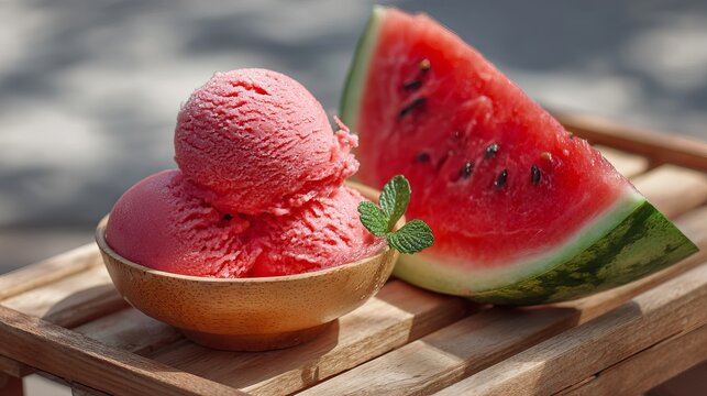 Refreshing watermelon sorbet scoops served in a small wooden bowl with a slice of fresh fruit and green mint leaves