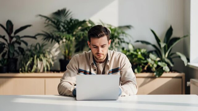 Focused person working on laptop in bright room filled with green plants for productivity and creativity