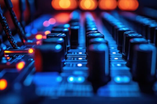 close up of mixing console knobs, faders and led indicators glowing blue and orange with a moody focused studio atmosphere