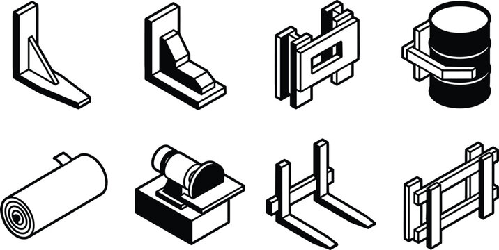 Isometric forklift attachments and industrial equipment parts set including metal tines barrel clamps roll handlings and brackets