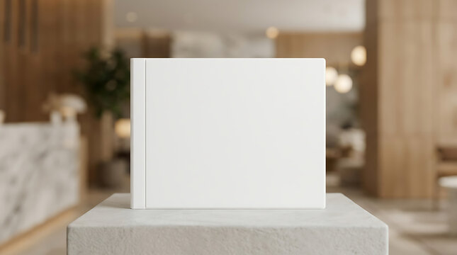 Blank white landscape book cover standing on stone pedestal in blurred modern hotel lobby interior marketing mockup