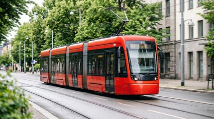 Fototapeta premium Modern red electric tram moving along city street with overhead power lines and wet tracks in an urban neighborhood, public transportation and sustainable mobility concept