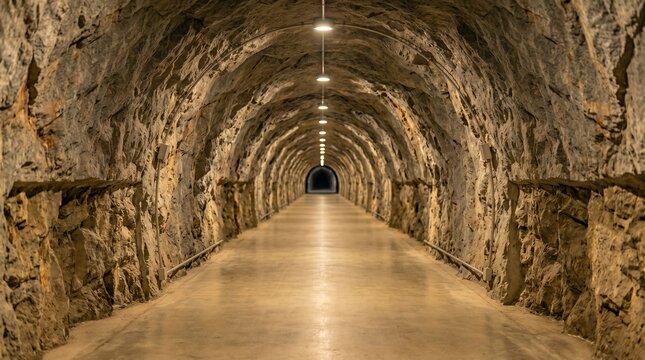 Illuminated rock tunnel with arched stone walls and long concrete corridor, empty underground passage creating a dramatic industrial infrastructure background