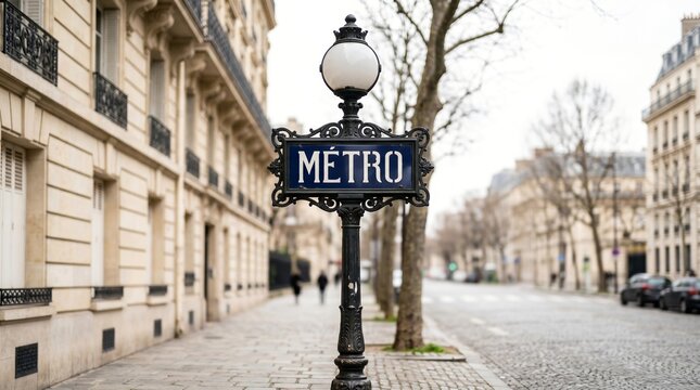 Ornate Metro street sign on a quiet Paris boulevard with classic Haussmann architecture, cobblestone sidewalk, bare trees, and a soft urban travel atmosphere
