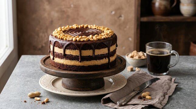 Decadent Chocolate Peanut Butter Layer Cake Topped With Peanuts And Drizzled With Ganache.