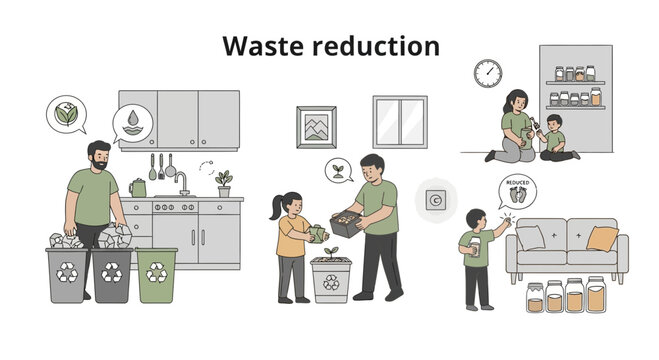 Family practicing waste reduction at home, recycling and composting