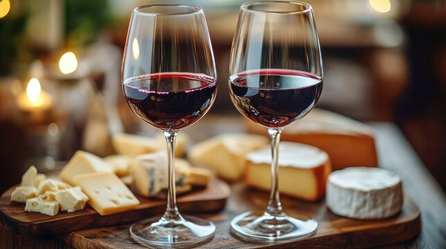 two glasses of red wine on a wooden board with assorted cheeses and soft candlelight creating a warm intimate cozy mood