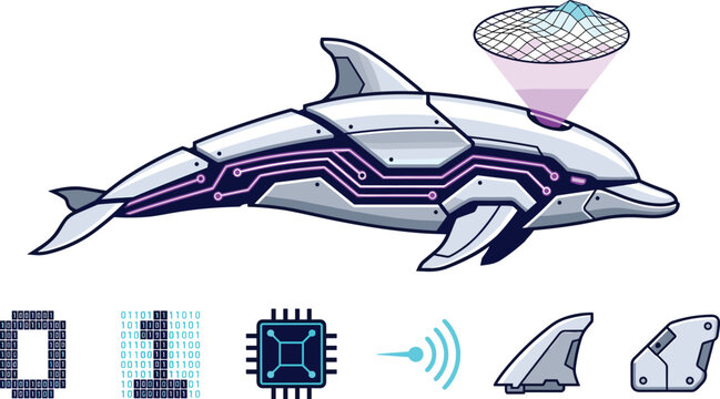 Futuristic Cyborg Dolphin Vector Illustration with Cyberpunk Armor Sonar Grid Binary Code and Microchip Tech Elements for Gaming Designs