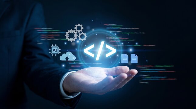 Low code no code development and programming concept with professional presenting virtual coding ai automation, cloud computing, and software integration for efficient application development 