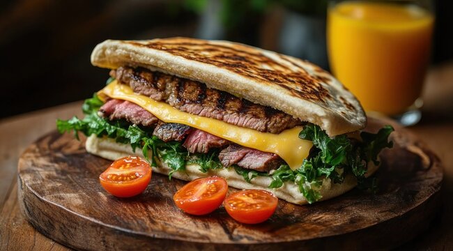 toasted flatbread sandwich with grilled steak, melted cheese, fresh leafy greens and cherry tomato halves on a wooden board with a glass of orange juice, mouthwatering and hearty