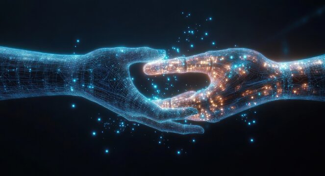 Two digital hands reaching toward each other &mdash; a cool blue wireframe hand and a warm golden network hand with glowing particles &mdash; evoking wonder, connection, and collaboration