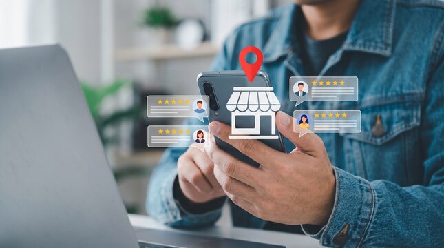 Local business reviews and customer feedback system on mobile device, showcasing star ratings for small businesses. Digital marketing, local SEO, and consumer experience in online business reviews 